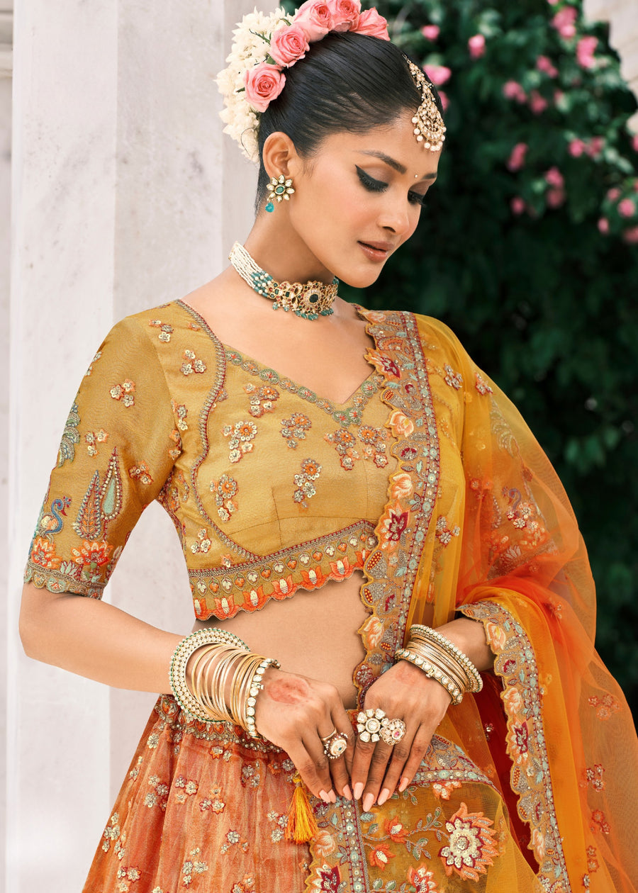 Orange & Yellow Ombre Effect Embroidered Banarasi Silk Lehenga Choli