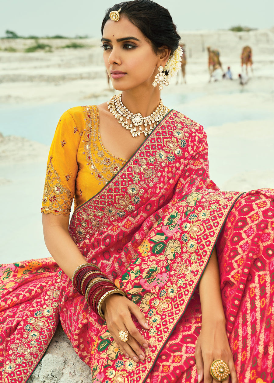 Pinkish Red Khaddi Georgette Embroidered Bandhani Saree & Yellow Blouse