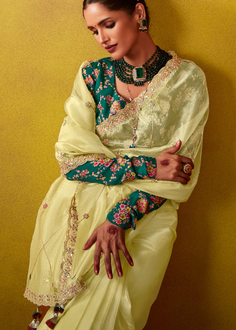 Butter Yellow Glass Tissue Silk Embroidered Saree & Green Printed Blouse