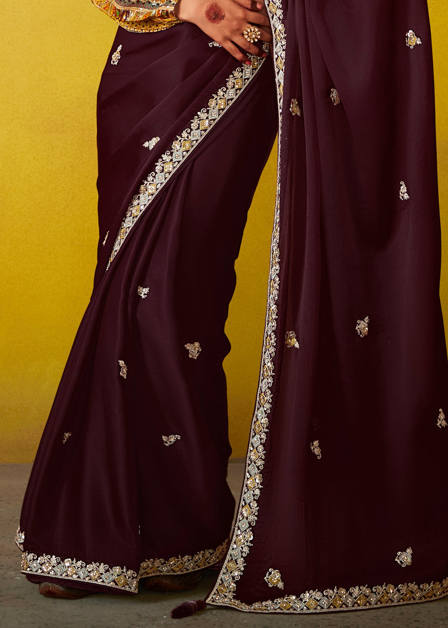 Deep Maroon Glass Tissue Silk Embroidered Saree & Yellow Printed Blouse