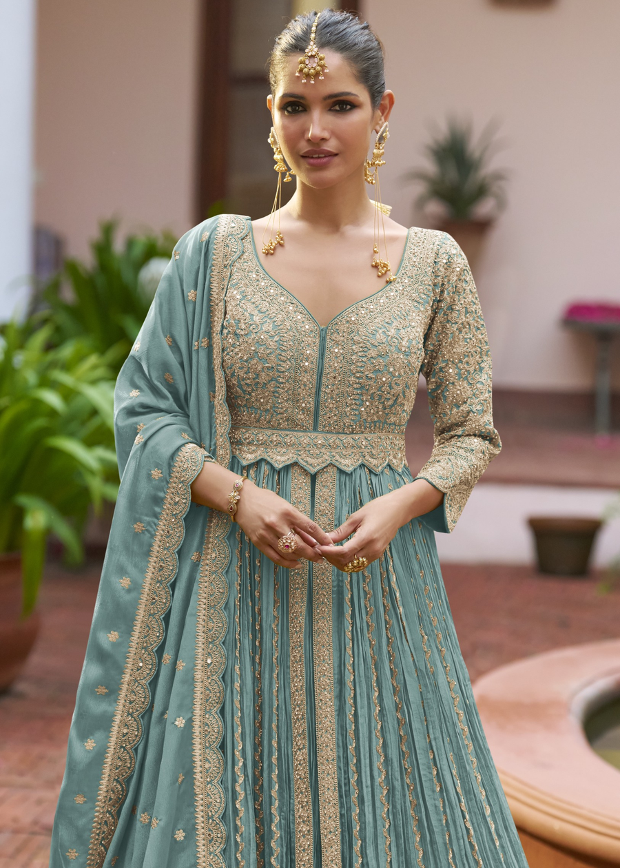 Pastel Blue Chinon Silk Anarkali Suit With Ghagra Skirt