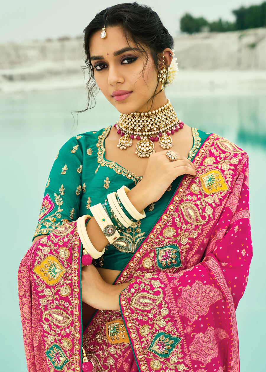 Hot Pink Khaddi Georgette Embroidered Bandhani Saree & Jade Green Blouse