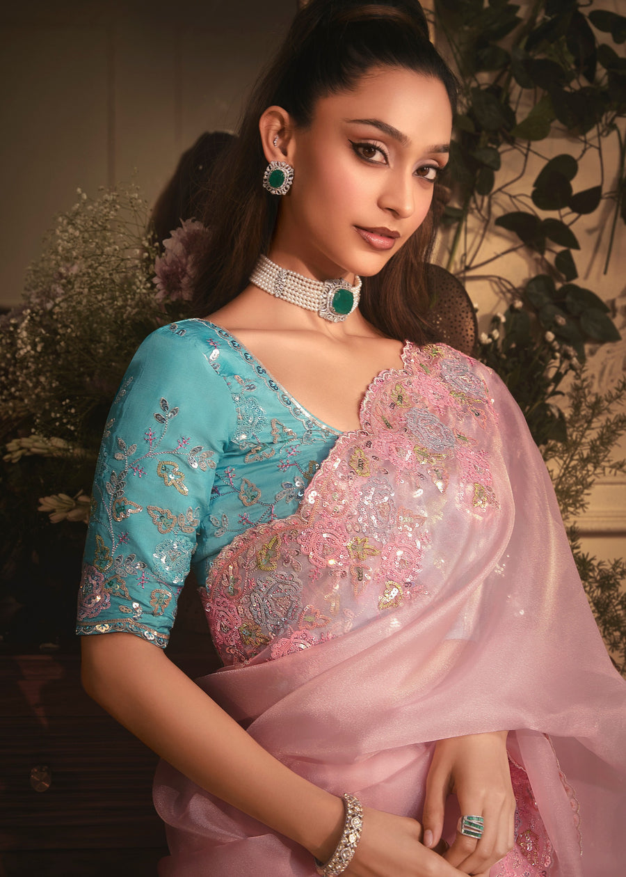 Pastel Pink Organza Tissue Silk Saree & Blue Blouse With Embroidery Work
