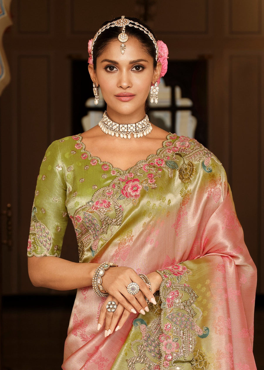 Pastel Pink & Green Ombre Soft Banarasi Silk Embroidered Saree