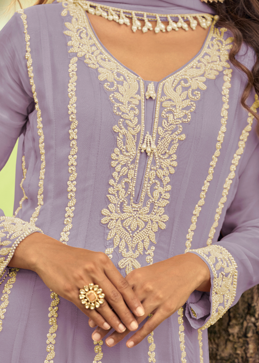 Lavender Purple Georgette Anarkali Suit Set With Beadwork
