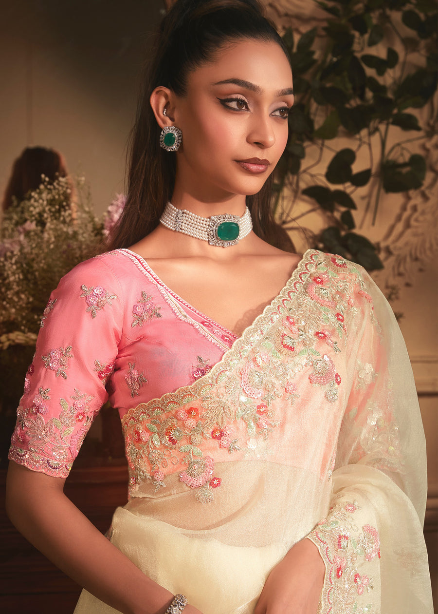 Creamy White Organza Tissue Silk Saree & Pink Blouse With Embroidery Work