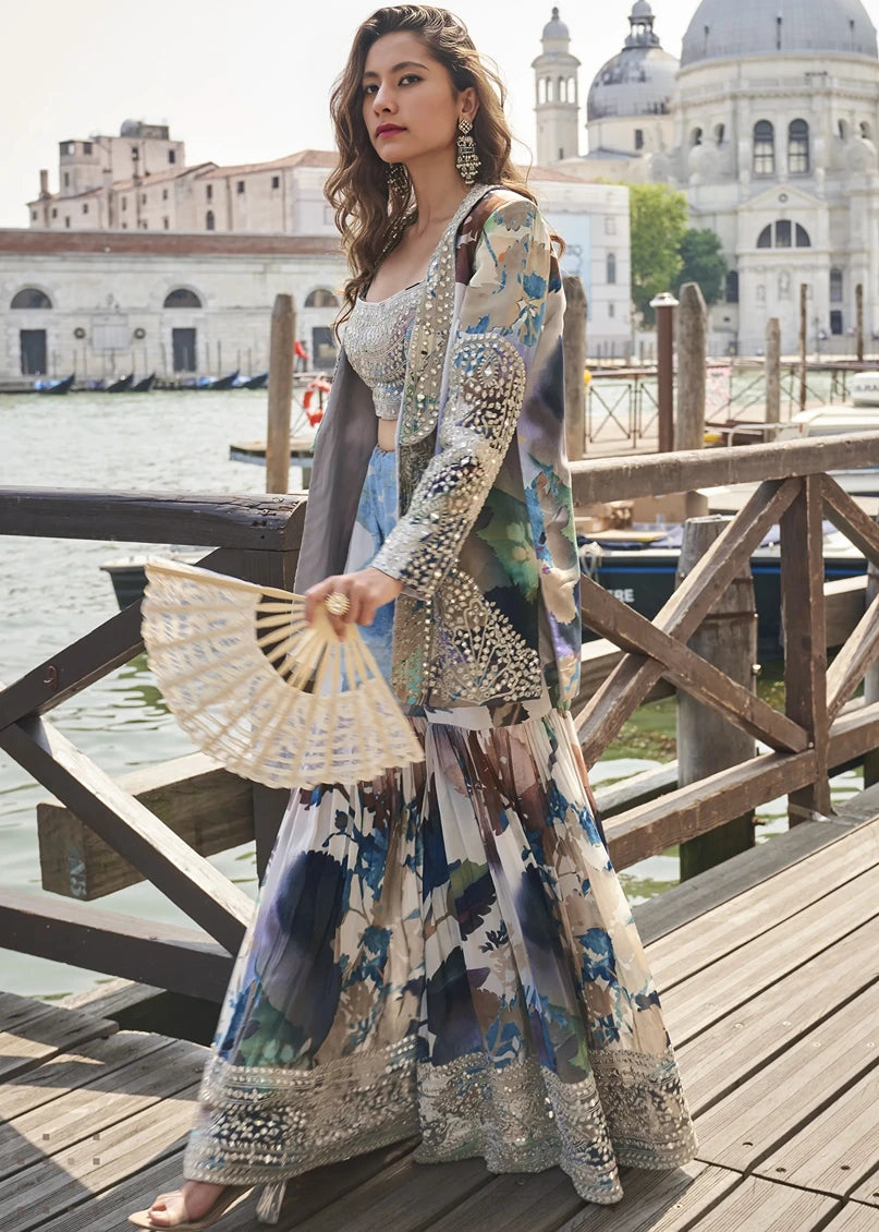 Blue & White Mirror Work Silk Jacket and Sharara Dress Set