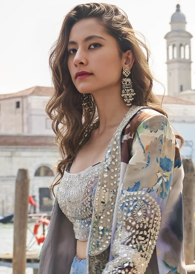 Blue & White Mirror Work Silk Jacket and Sharara Dress Set
