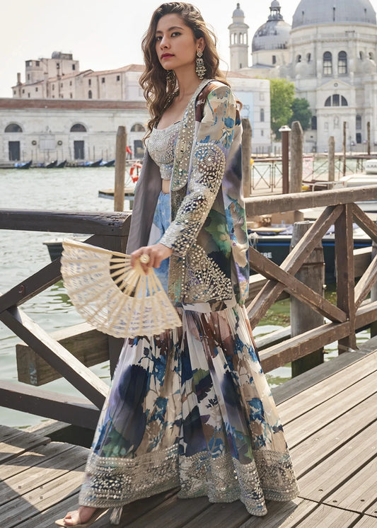 Blue & White Mirror Work Silk Jacket and Sharara Dress Set