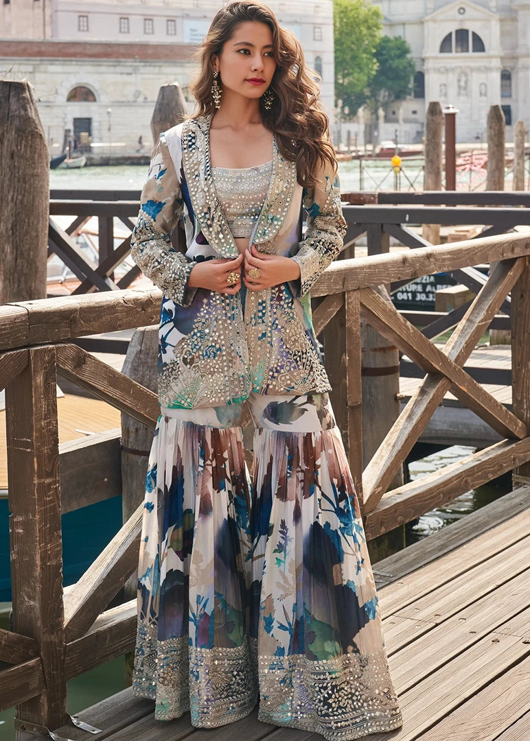 Blue & White Mirror Work Silk Jacket and Sharara Dress Set