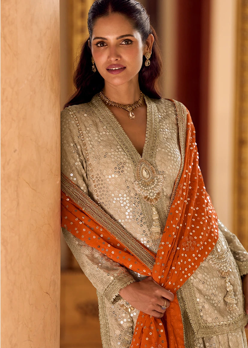 Beige Georgette Jacket and Dhoti Style Dress with Orange Dupatta