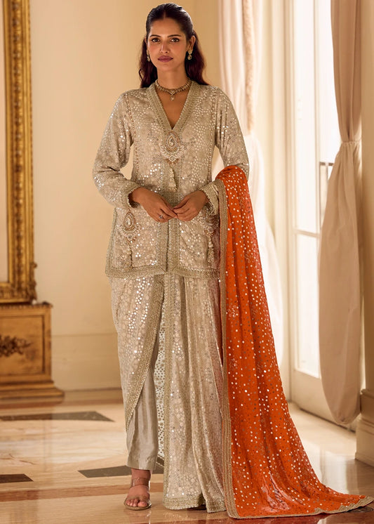 Beige Georgette Jacket and Dhoti Style Dress with Orange Dupatta