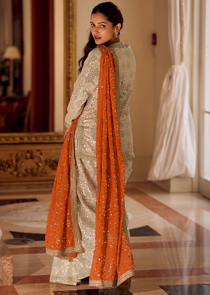 Beige Georgette Jacket and Dhoti Style Dress with Orange Dupatta