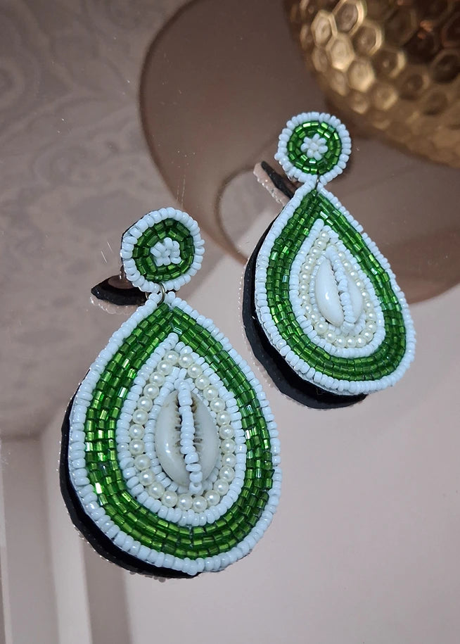 White & Green Handmade Shell Earrings With Beads and Pearls