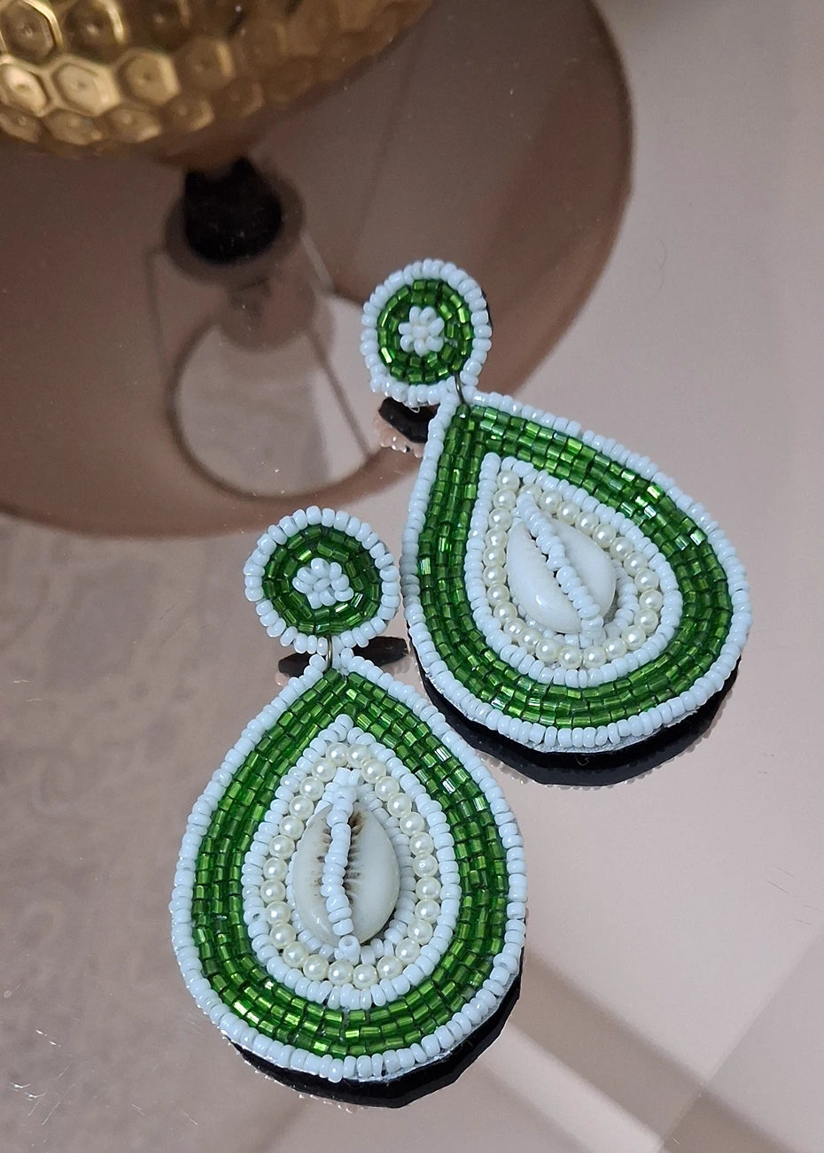 White & Green Handmade Shell Earrings With Beads and Pearls