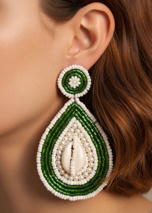 White & Green Handmade Shell Earrings With Beads and Pearls