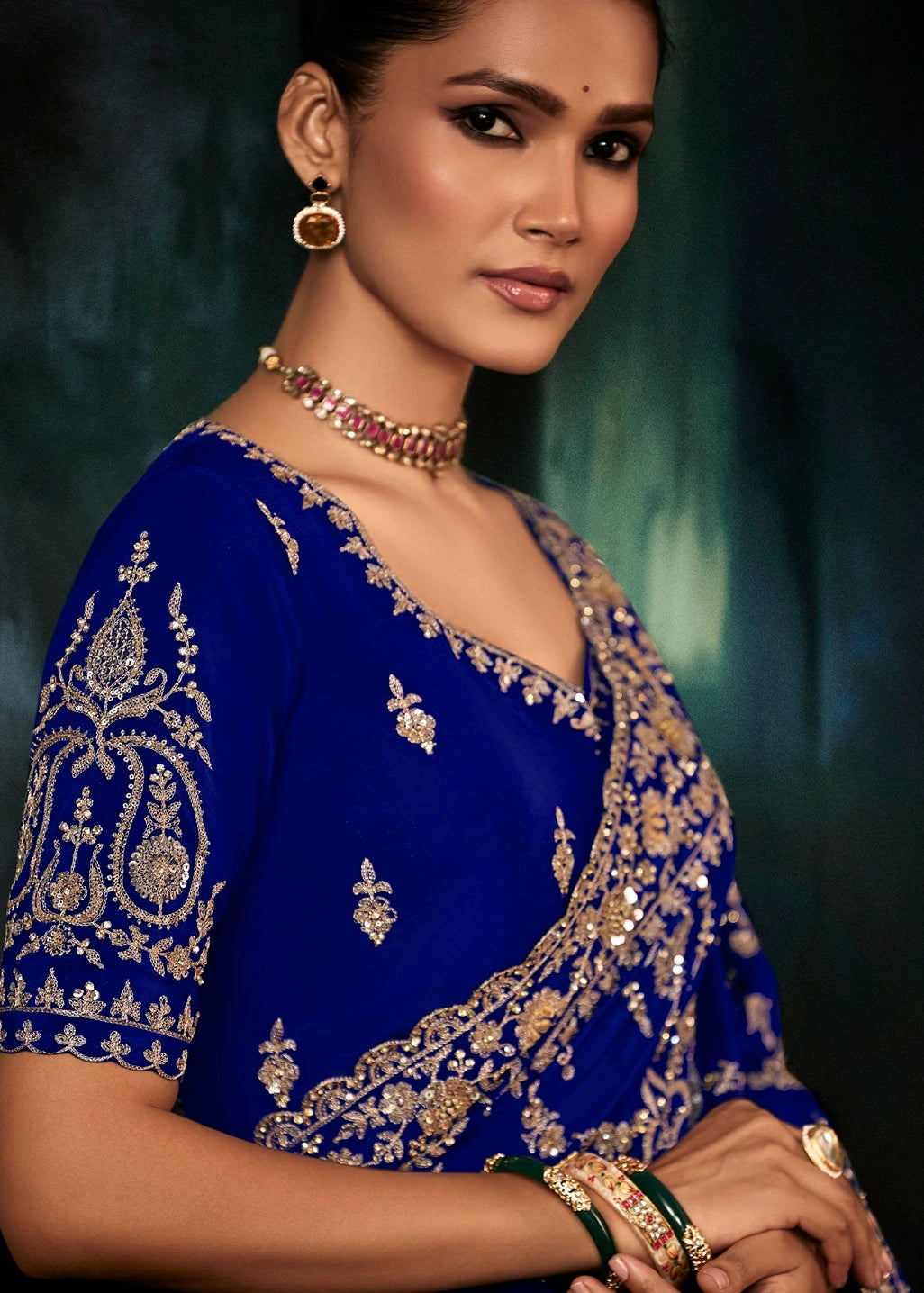 Royal Blue Crepe Silk Embroidered Bridal Saree