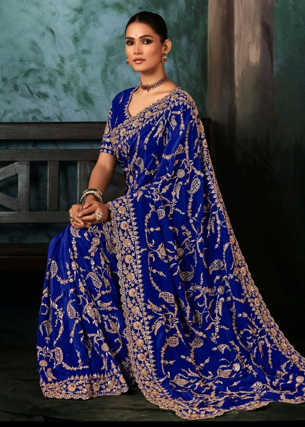 Royal Blue Crepe Silk Embroidered Bridal Saree