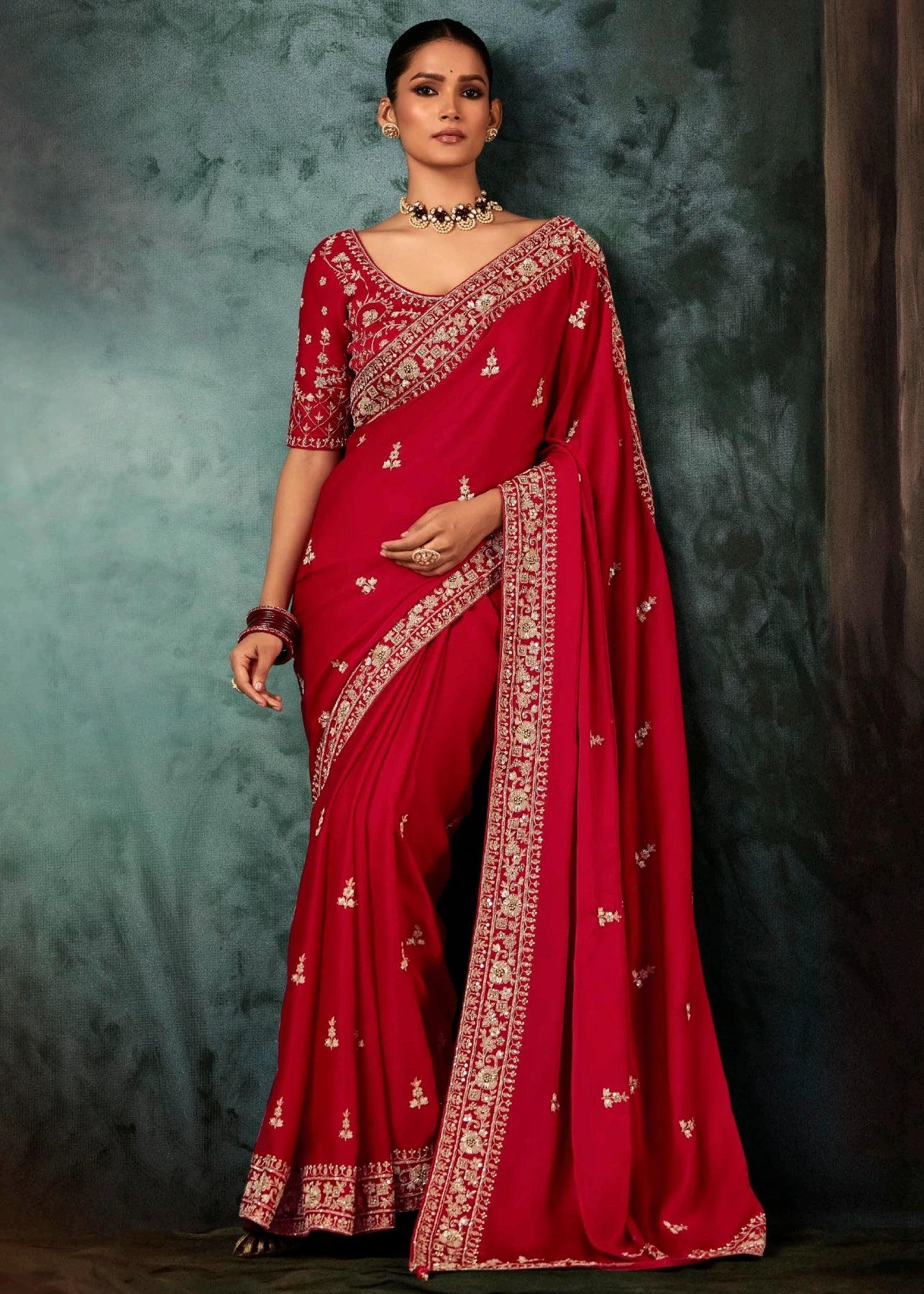 Royal Red Crepe Silk Dabka Work Embroidered Bridal Saree