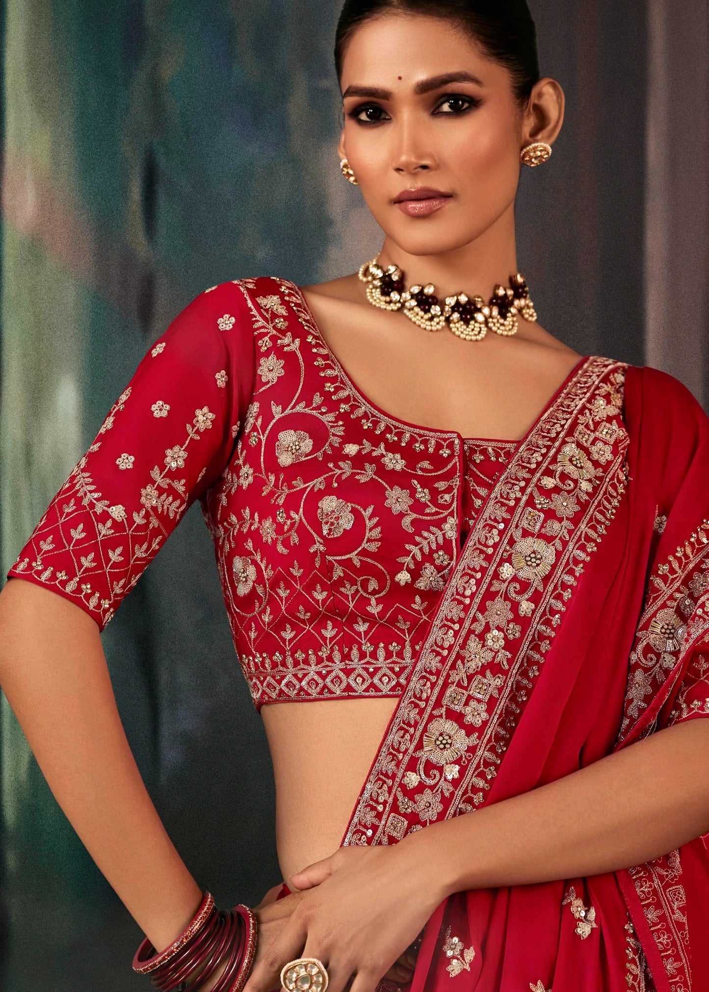 Royal Red Crepe Silk Dabka Work Embroidered Bridal Saree