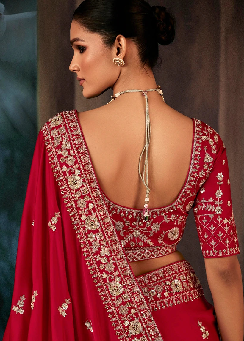 Royal Red Crepe Silk Dabka Work Embroidered Bridal Saree