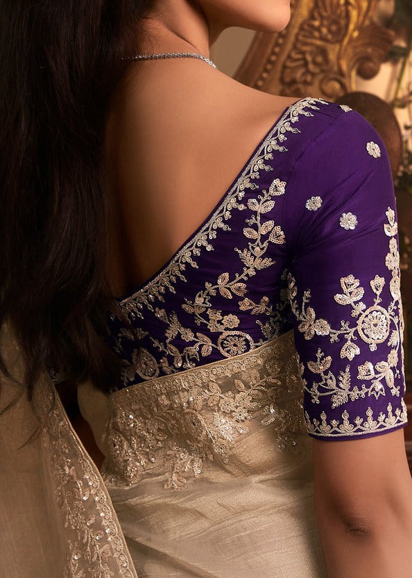 Golden Beige Organza Tissue Silk Saree & Purple Blouse With Embroidery