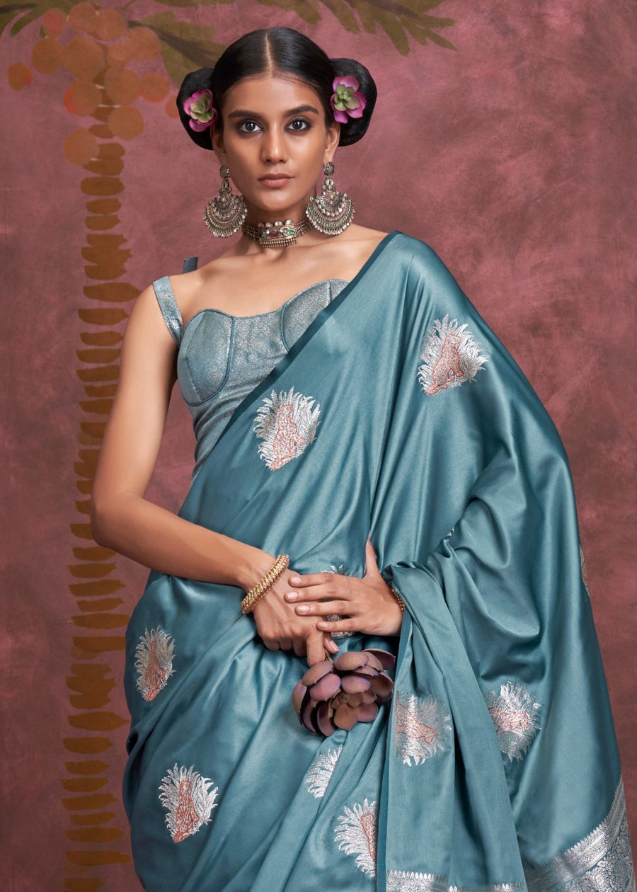 Pure Banarasi Satin Silk Handloom Zari Weaving Blue Saree