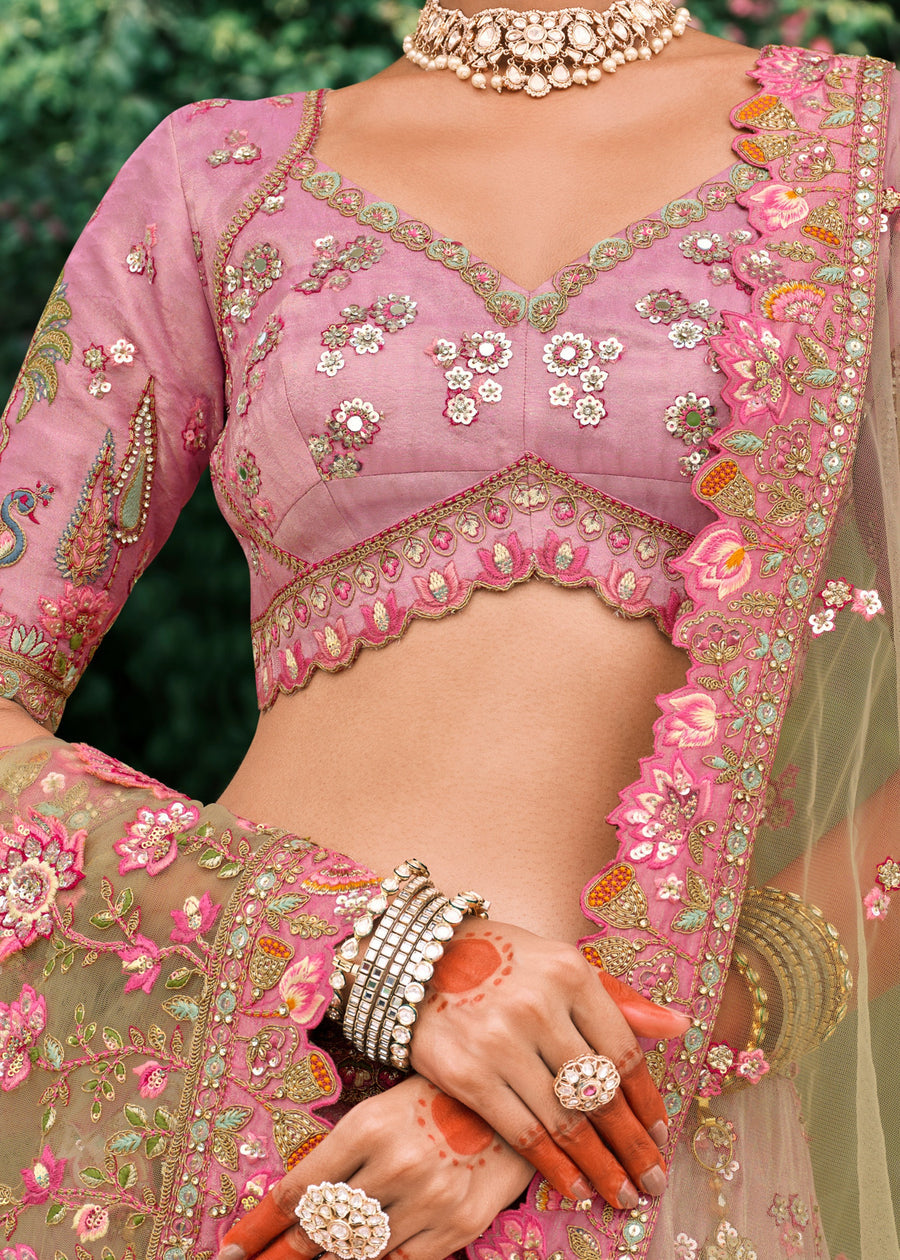 Pink & Pista Green Ombre Effect Embroidered Banarasi Silk Lehenga Choli