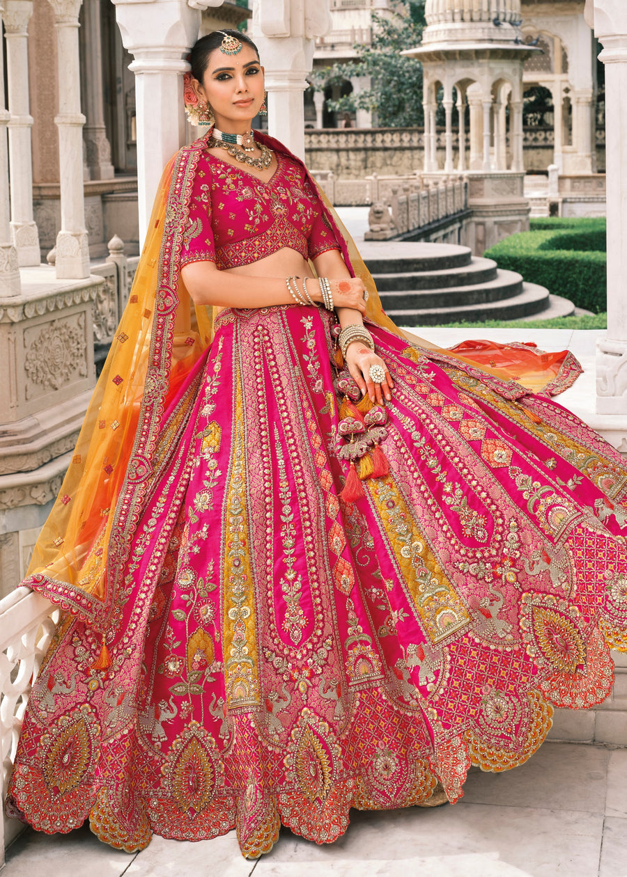 Hot Pink Embroidered Silk Bridal Lehenga Choli