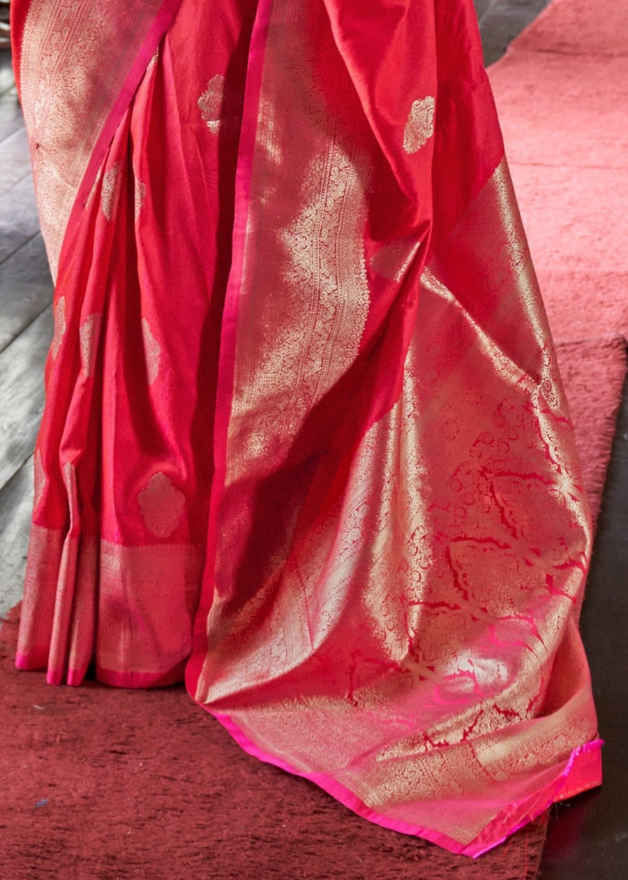 Soft Banarasi Silk Pinkish Red Handloom Weaving Saree