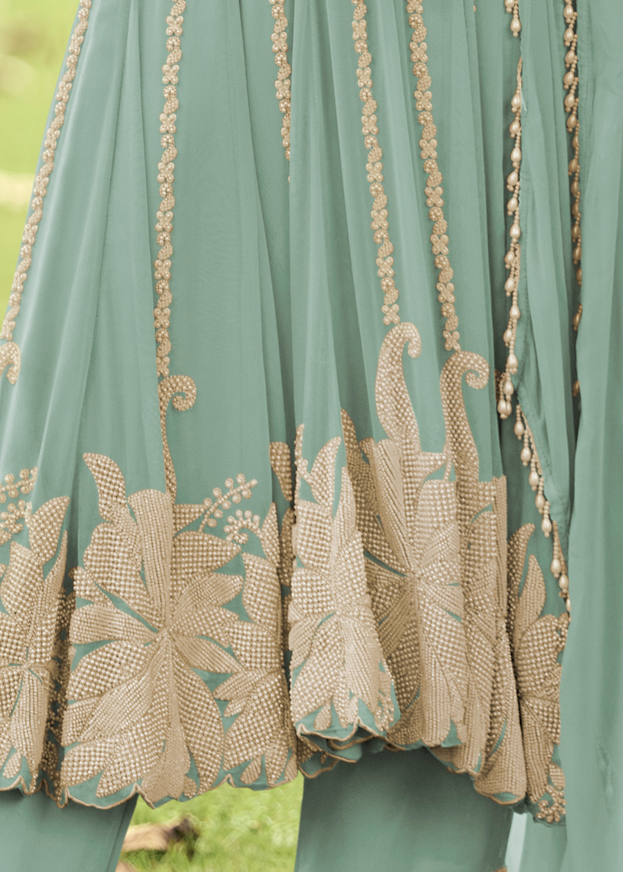 Pastel Blue Georgette Anarkali Suit Set With Beadwork