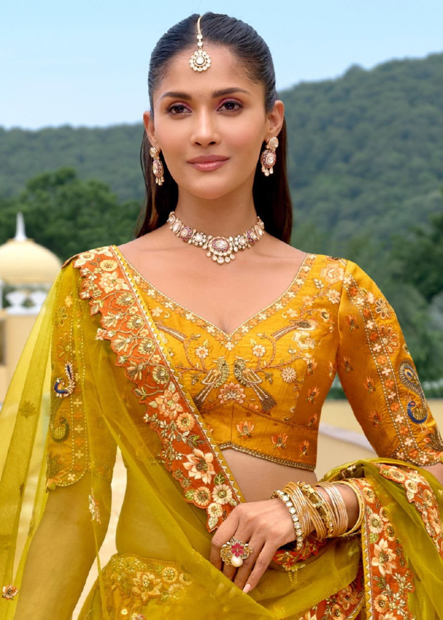 Mustard Yellow and Lime Green Silk Bridal Lehenga Choli