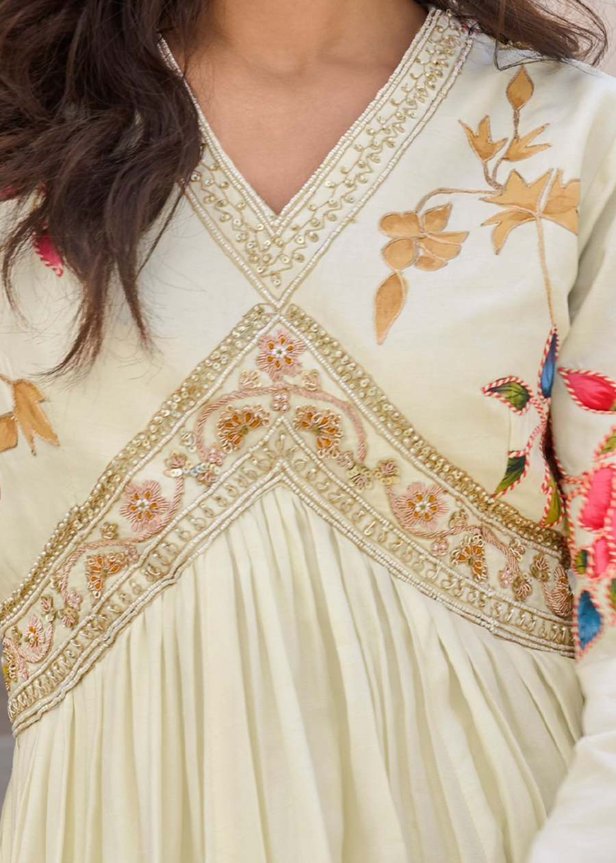 Off White Anarkali Style Chinon Silk Gown Suit With Dupatta