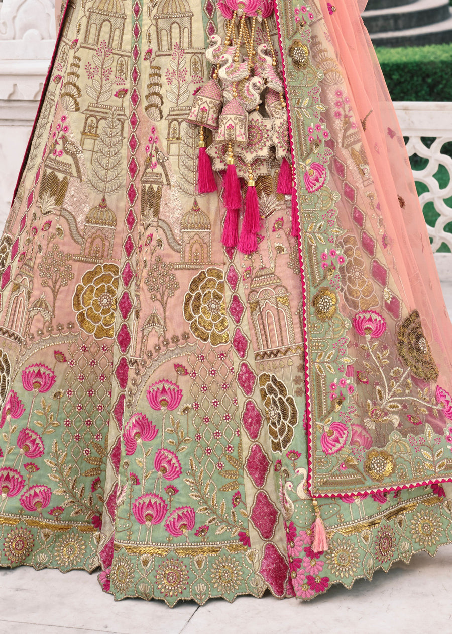 Cream, Mint Green & Pink Ombre Effect Embroidered Silk Lehenga Choli