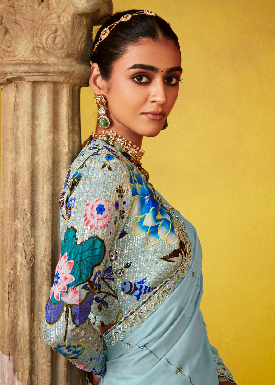 Pastel Blue Glass Tissue Silk Embroidered Saree With Printed Blouse