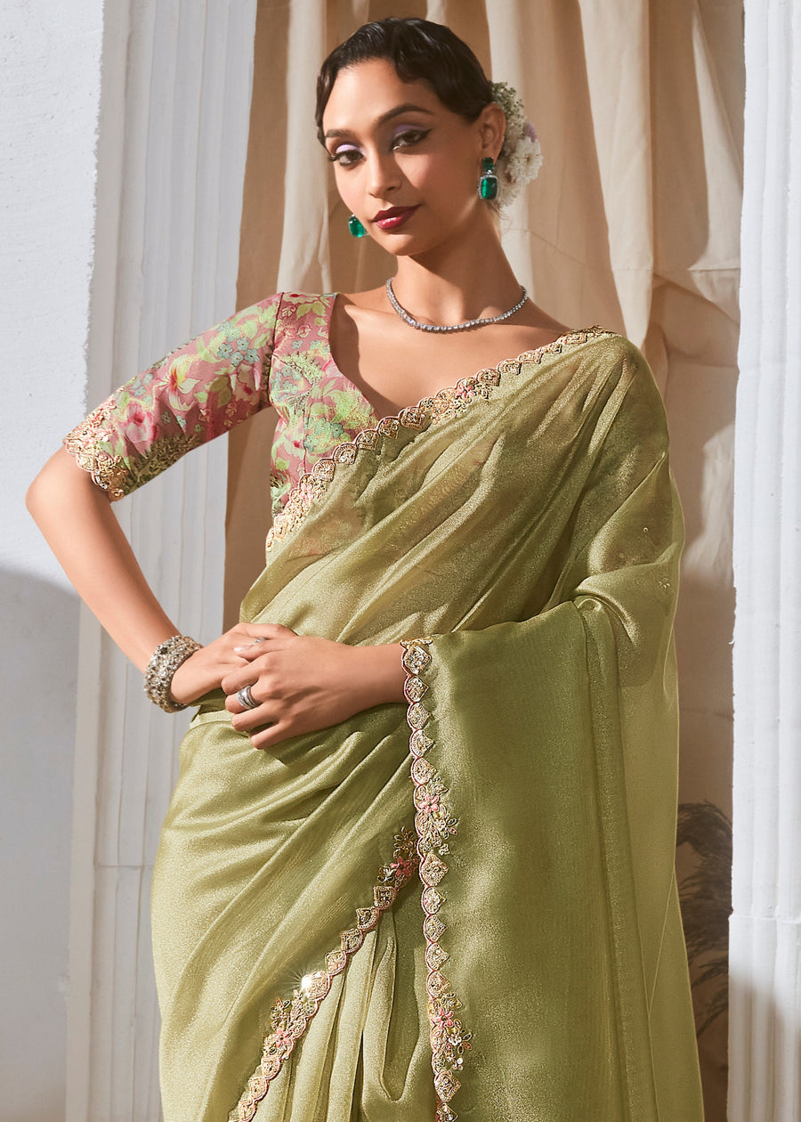 Pastel Green Organza Tissue Silk Embroidered Saree & Printed Blouse