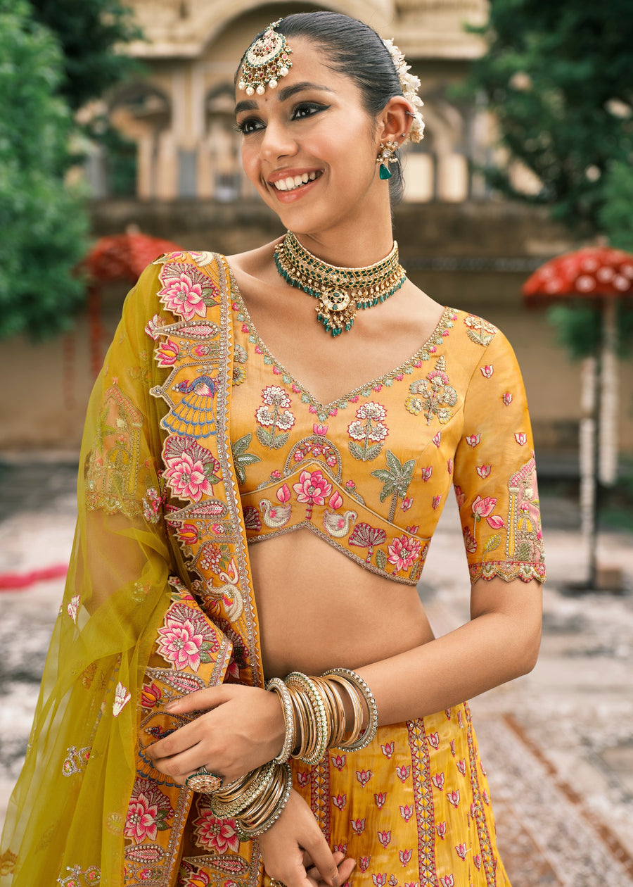 Yellow Embroidered Banarasi Silk Lehenga Choli & Contrast Green Dupatta