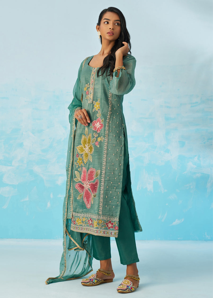 Sage Green Crushed Tissue Silk Ethnic Pant Style Suit With Dupatta