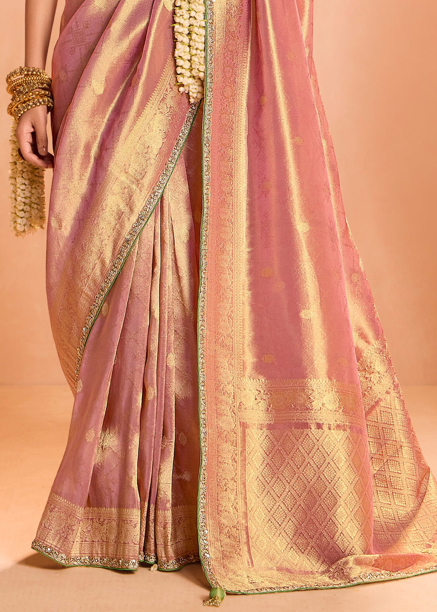 Pure Banarasi Tissue Silk Embroidered Blush Pink Handloom Saree & Contrast Green Blouse