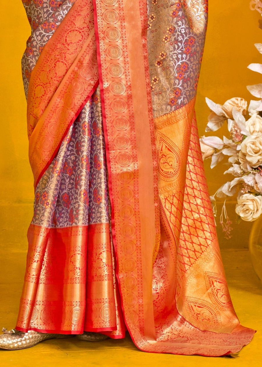 Grey and Red Kanjivaram Silk Handloom Saree