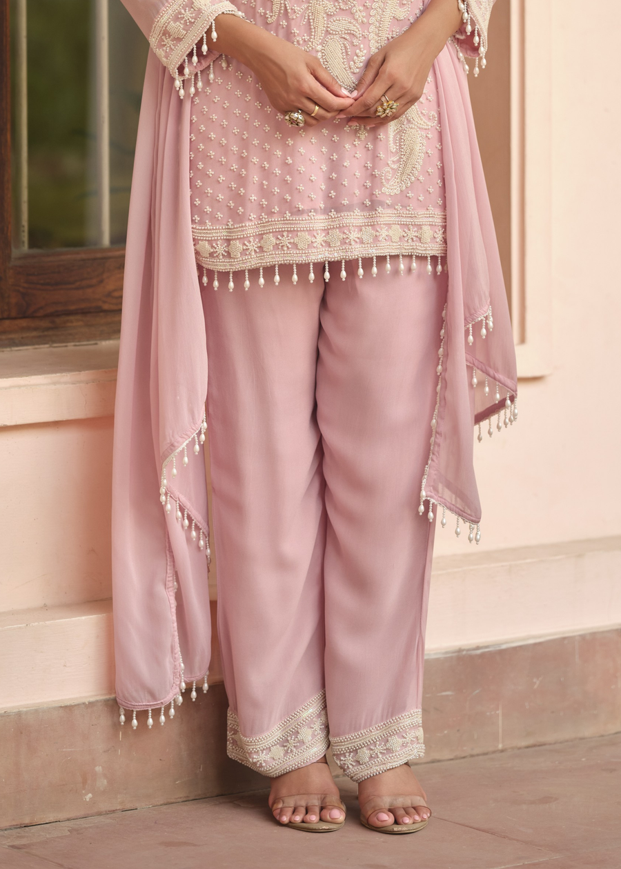 Pastel Pink Georgette Parallel Suit Set With Dupatta