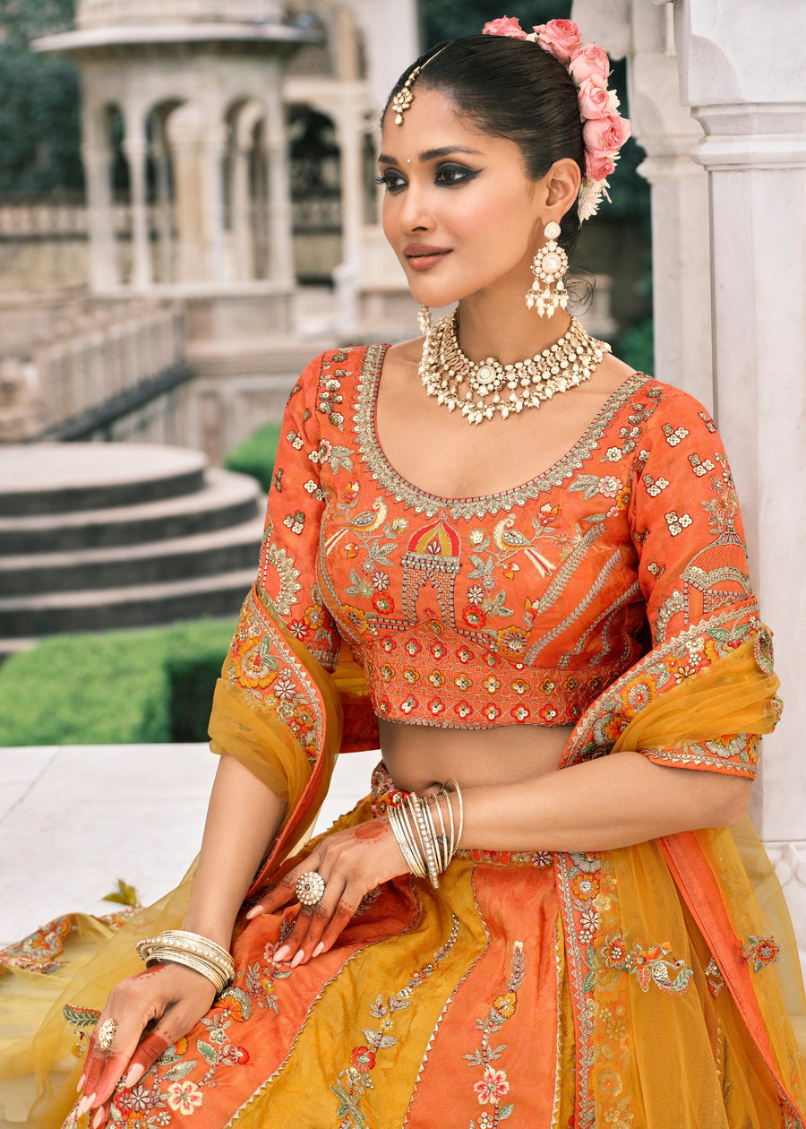 Orange & Yellow Embroidered Banarasi Silk Lehenga Choli