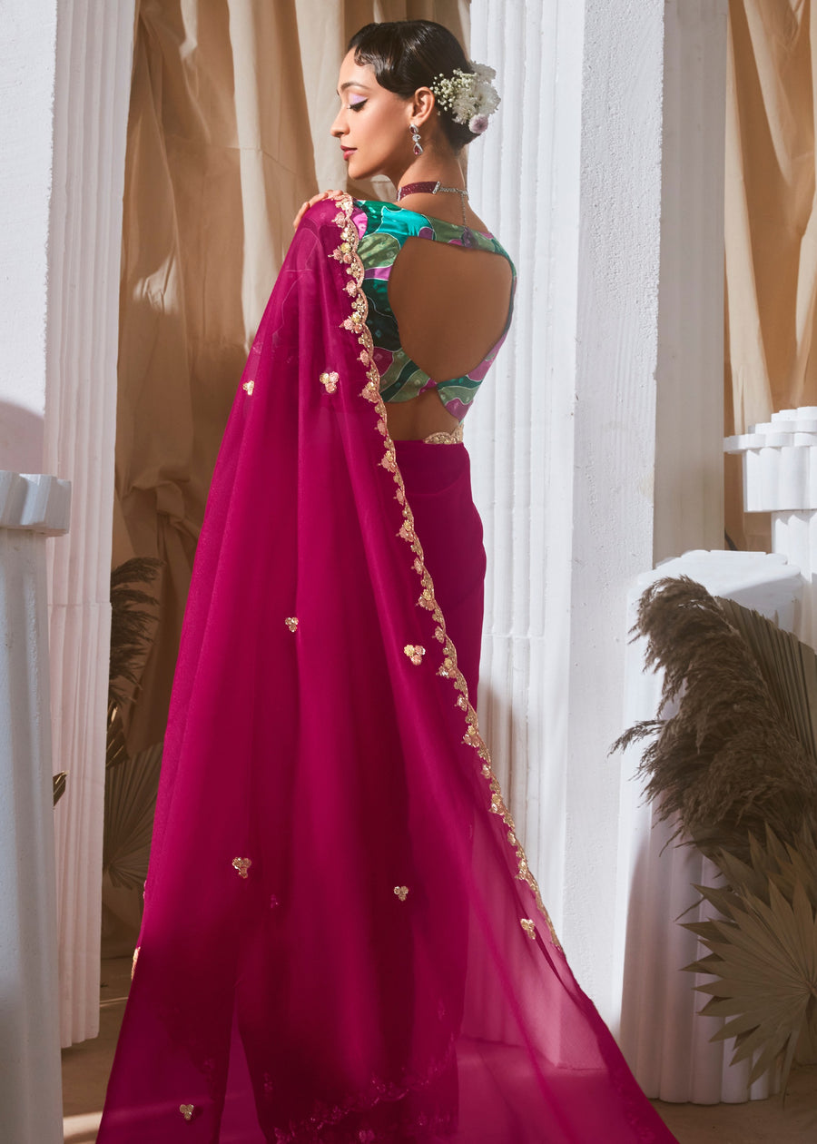 Ruby Pink Organza Tissue Silk Embroidered Saree & Green Printed Blouse