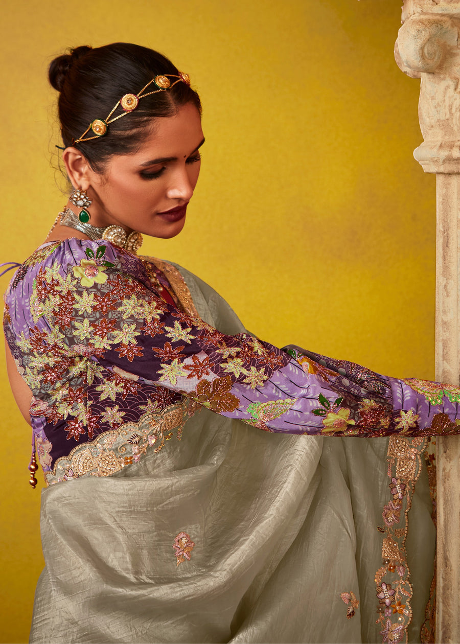 Grey Glass Tissue Silk Embroidered Saree & Purple Printed Blouse