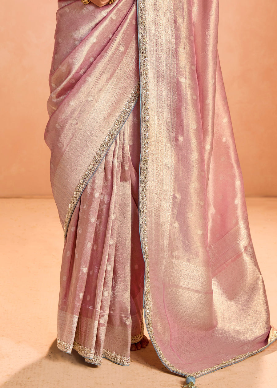 Pure Banarasi Tissue Silk Embroidered Pastel Pink Handloom Saree & Contrast Blue Blouse