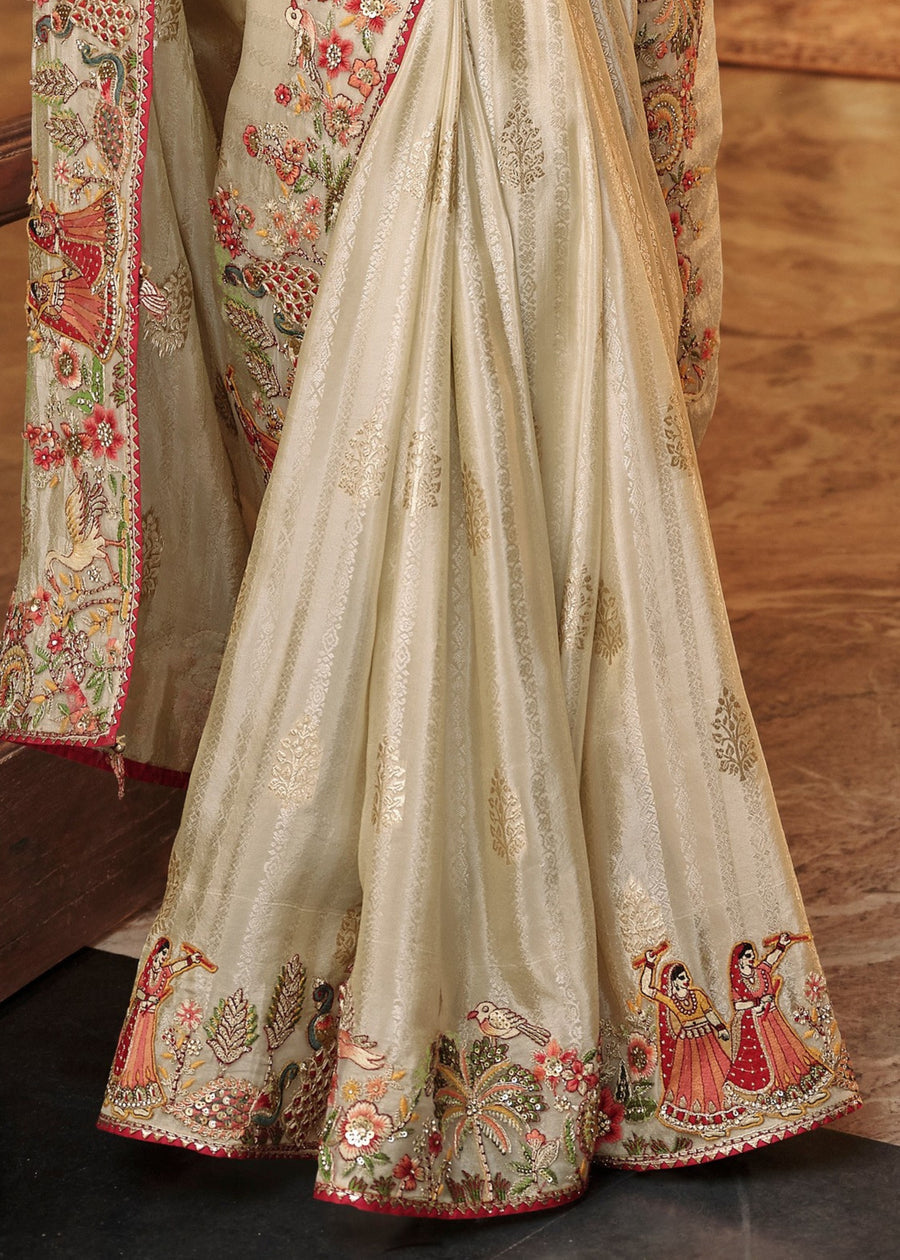 Ivory White Soft Banarasi Silk Embroidered Saree & Contrast Red Blouse