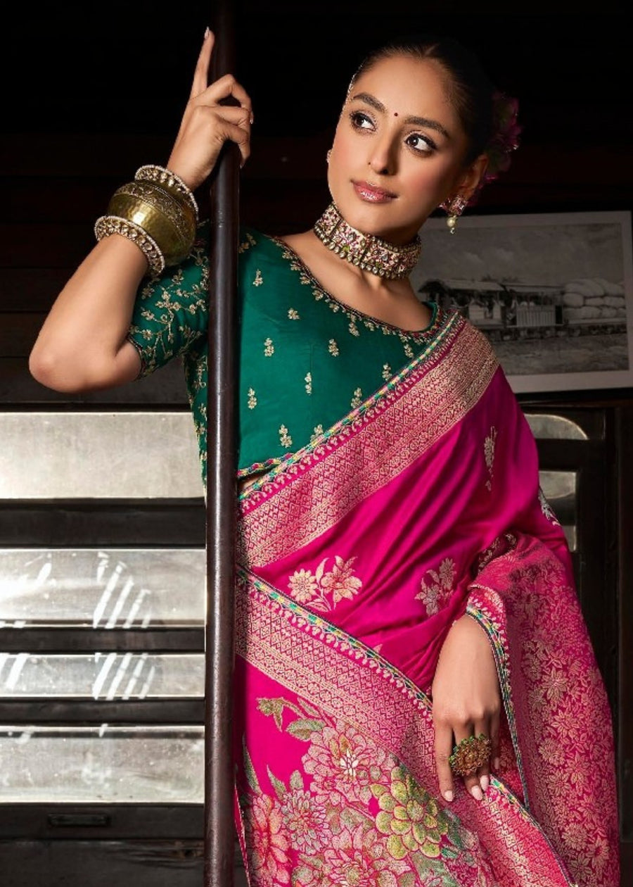 Banarasi Dola Silk Hot Pink Saree & Green Embroidered Blouse