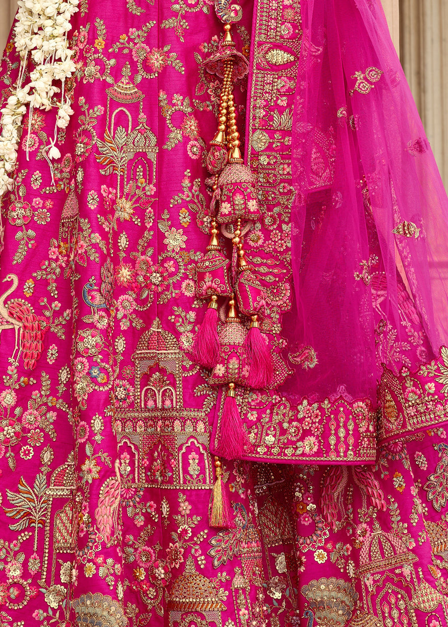 Fuchsia Pink Silk Bridal Lehenga Choli with Zari Work