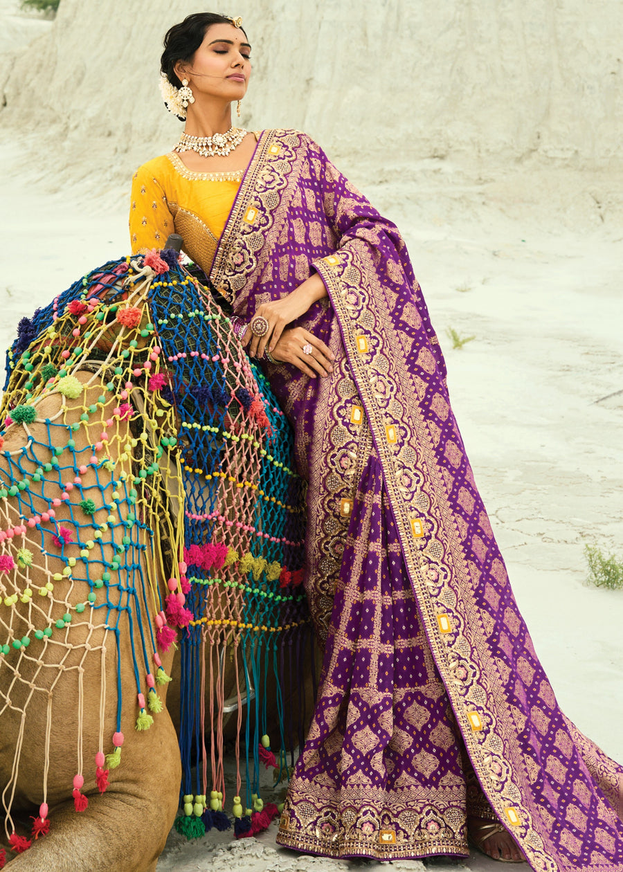Purple Khaddi Georgette Embroidered Bandhani Saree & Yellow Blouse