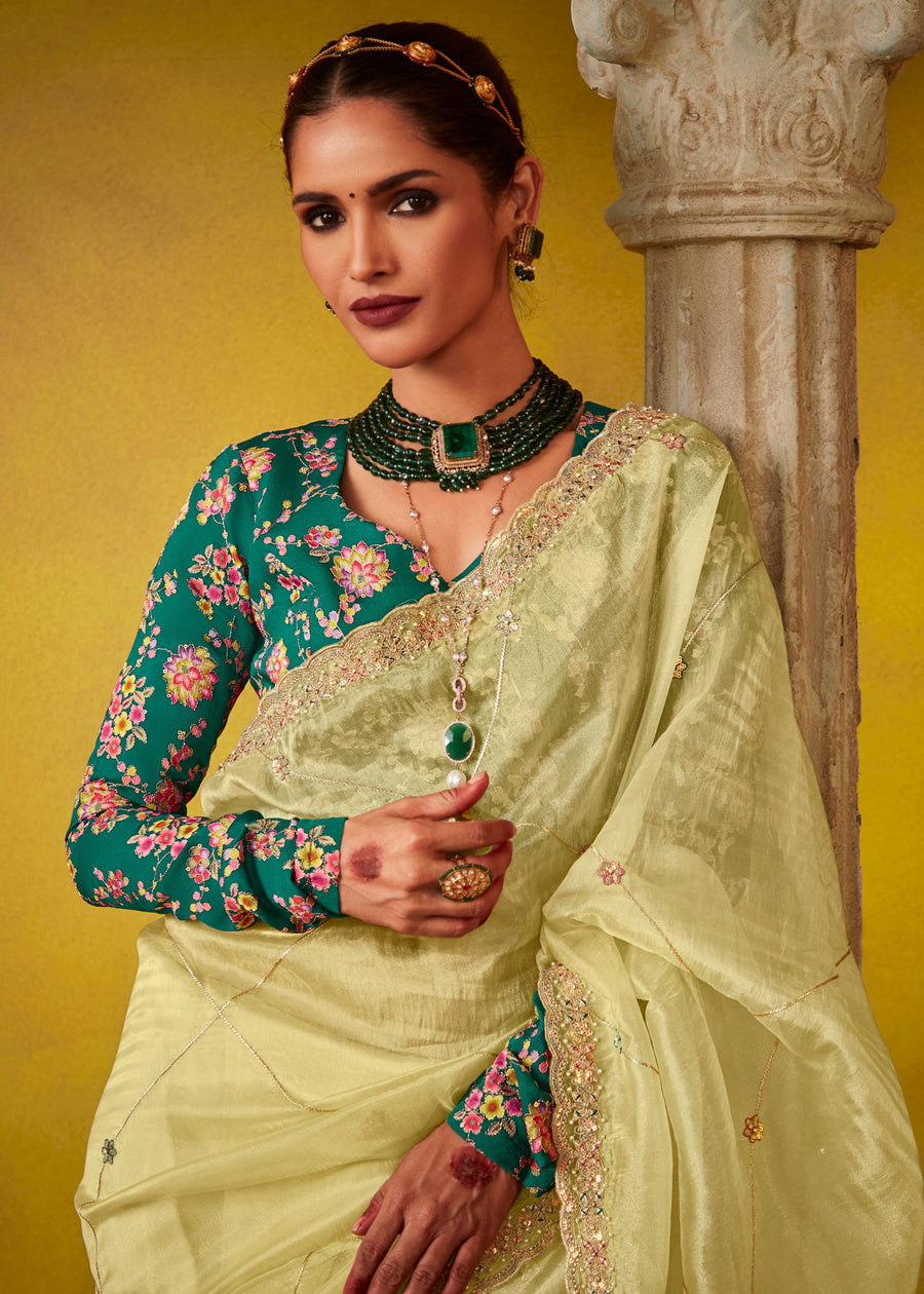 Butter Yellow Glass Tissue Silk Embroidered Saree & Green Printed Blouse